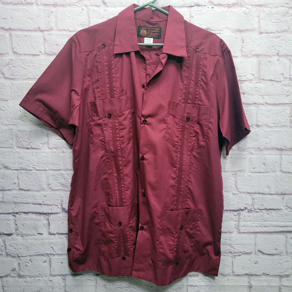 Guayaberas D'Yucatan Burgundy Button Shirt Mens‎ XL Cuban 4 Pockets Short Sleeve